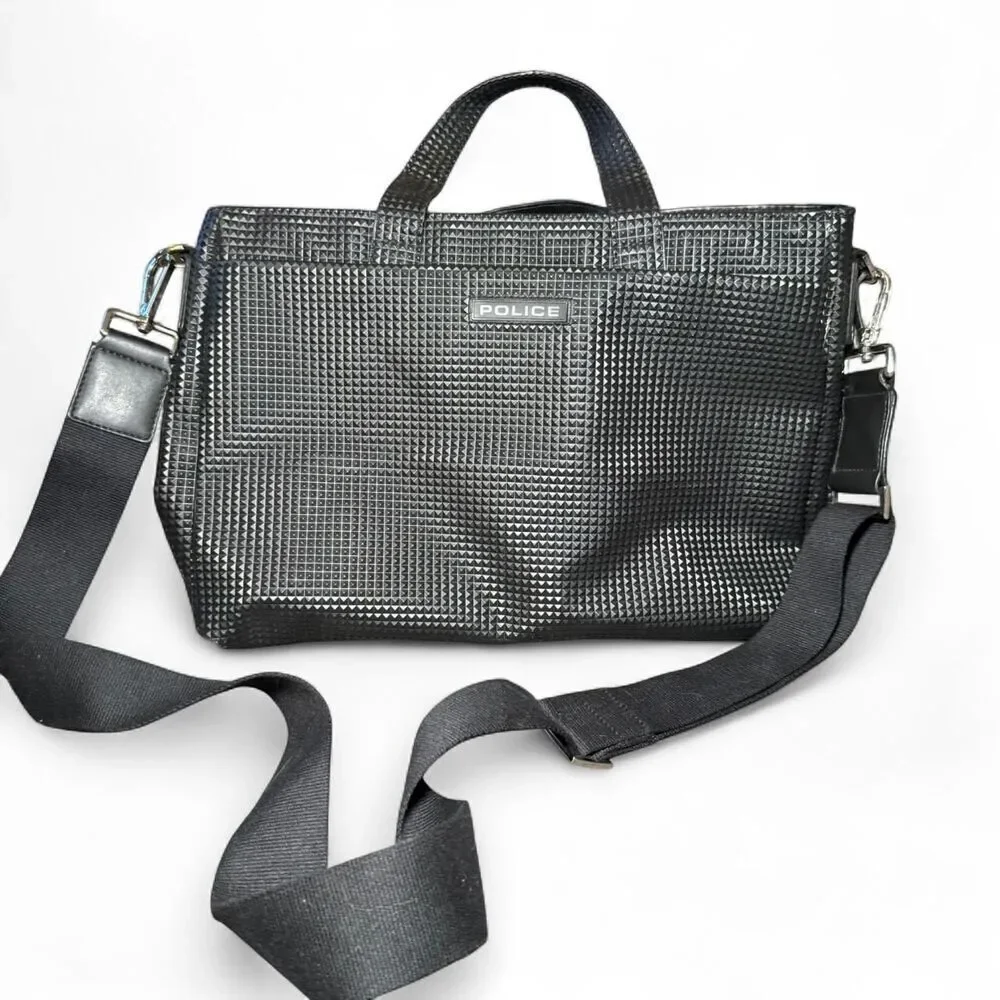 Police Brand Black Brief Case Laptop Bag with Crossbody Strap and Top Handles